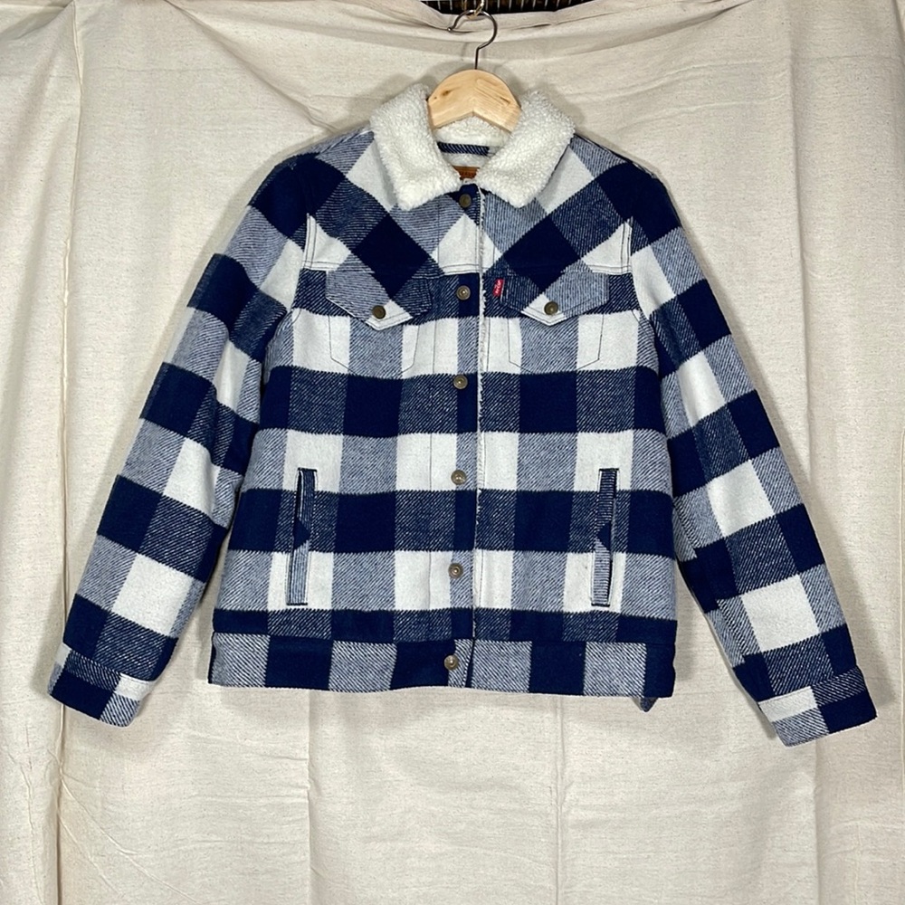Levi Blue Wool Plaid Sherpa Trucker Jacket